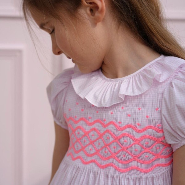 Katherine Johnson Dress Pink Grid Cotton with Strawberrylicious Hand Smocking Katherine Johnson Dress Pink Grid Cotton with Strawberrylicious Hand Smocking