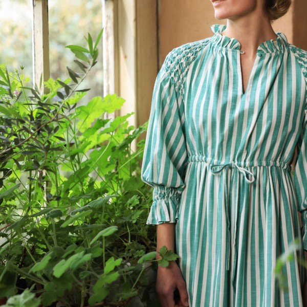 Aloha Wanderwell Dress Wimbledon Stripe with White Honeycomb Hand Smocking Aloha Wanderwell Dress Wimbledon Stripe with White Honeycomb Hand Smocking