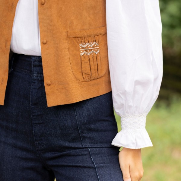 C J Walker Waistcoat Butterscotch Needlecord with Spiced Vanilla Hand Smocking Edition 5 C J Walker Waistcoat Butterscotch Needlecord with Spiced Vanilla Hand Smocking Edition 5